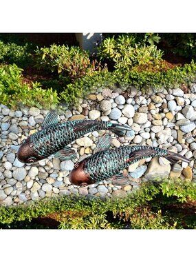 Set of 2 Antique Koi Fish Garden Statues, Outdoor Decor for Patio & Yard